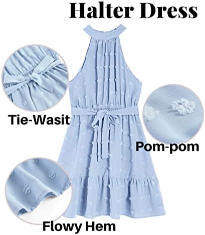 Vestido de meninas Littlegtl Sem mangas Vestido Casual Pom Pom Pom Flowy Tie a cintura A-line Sundress por 4-12 anos