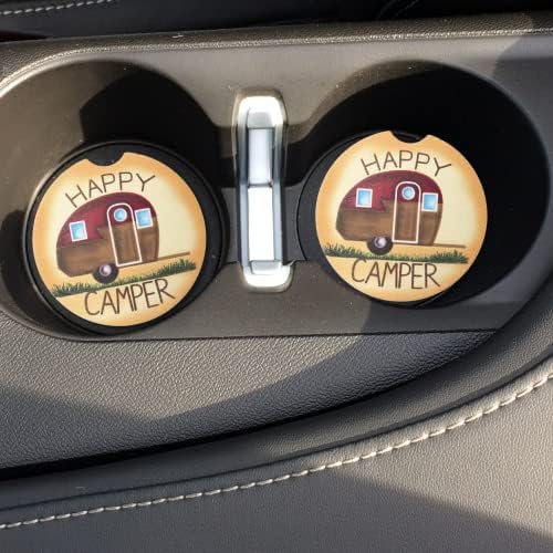 Coaster de porta -copos de carro, acessórios de viagem de campista feliz para carros, montanhas -russas de camping de cerâmica para