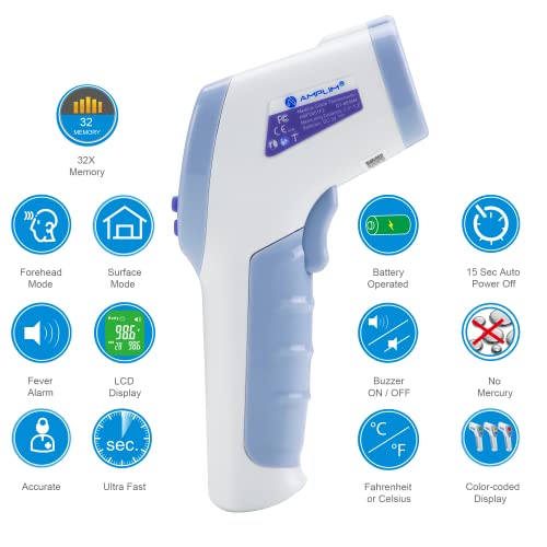 Pacote de 2 pacote. AMPLIM DELUXE O termômetro de testa digital sem toque de luxo e o aspirador nasal operado por bateria para adultos e bebês. FSA HSA elegível
