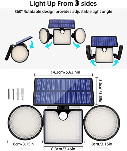 UCGG Solar Wall Lights Outdoor, 260lm 204 Luzes de inundação LED, luz à vista IP65 à prova d'água, 3 Cabeça ajustável