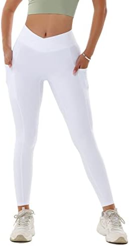 Leggings de cintura transversal de zioccie feminino com bolsos - sem costura frontal calças de ioga de treino macio