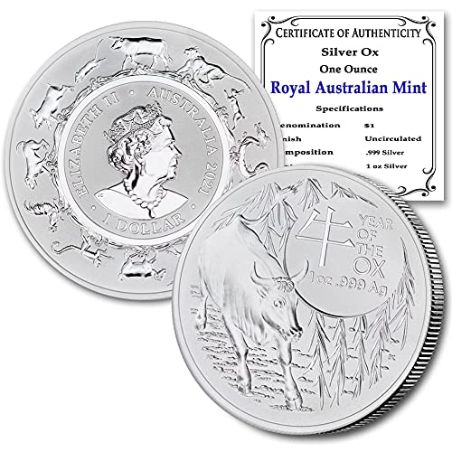 2021 1 oz de moeda de boi lunar prata brilhante não circulado pela Royal Australian Mint com certificado de autenticidade $ 1 bu.