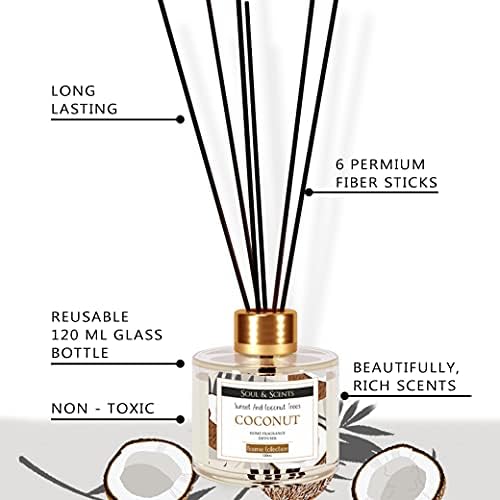 Soul & Scents Coconut Reed Reed Difuser Set Free 6 Fiber Reed Reed Sticks Toxin Free & Stress Relience Fragrância natural