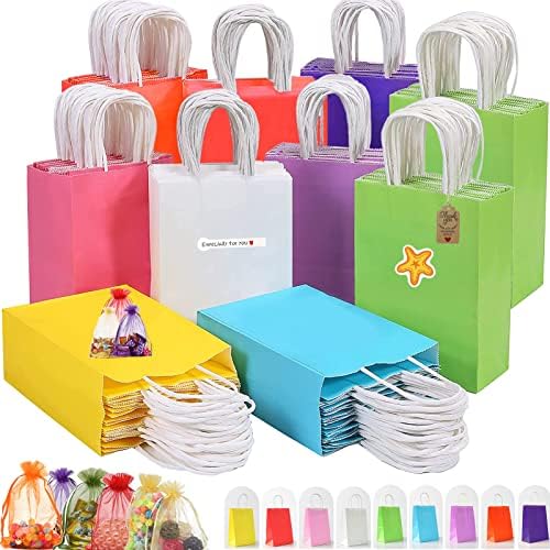 Bolsas de presentes a granel, 36 pacote 9 coloras festas de festa com alças, bolsas de brindes de papel kraft de arco -íris