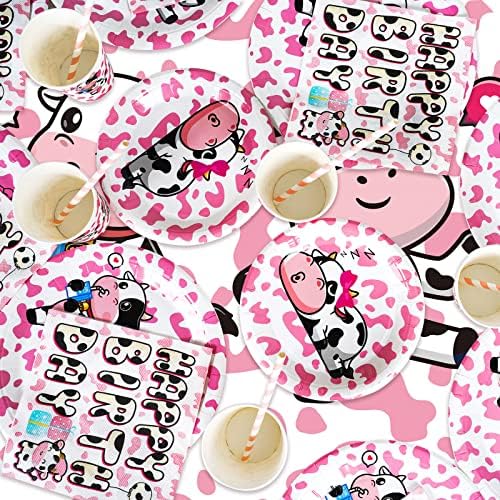 Mandes de festas de vaca rosa, kit de utensílios de mesa temáticos de vaca rosa, incluindo pratos, xícaras, guardanapos