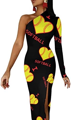 Eu amo o vestido feminino de coração de softball um ombro de manga longa, vestido maxi vestido