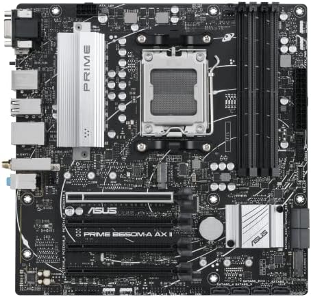 ASUS Prime B650M-A AX II AMD B650 Micro-ATX Motherboard, PCIE 5.0 M.2 Suporte, 2,5 GB LAN, Wi-Fi 6, DisplayPort, HDMI, USB 3.2 Gen 2, Frente USB 3.2 Gen 1 Type-C®, CEC Nível II pronto)