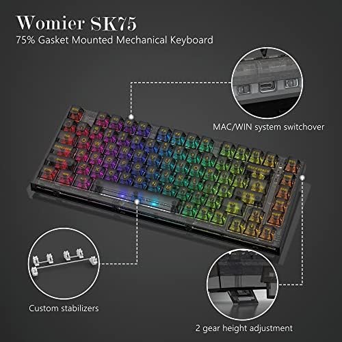 Teclado personalizado do Womier SK75 75% - Teclado de Transparência para jogos, teclado mecânico de Swappable quente + Gateron G Pro Silver Mechanical Keyboard Switch, Shaft Switches de 3 pinos
