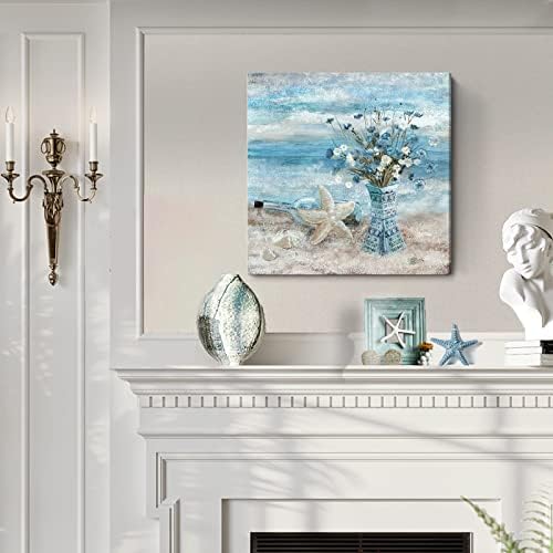 Arte de parede de lona grande para a sala de estar azul decoração de parede de praia Oceano Prind à beira -mar emoldurada obra de arte para quarto de banheiro abstrato pintura marítima