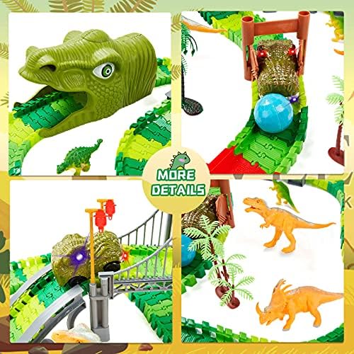 Bemiton Dinosaur Toys Race Car Track, Crie uma corrida de estrada mundial de dinossauros, brinquedos flexíveis de dinossauros.