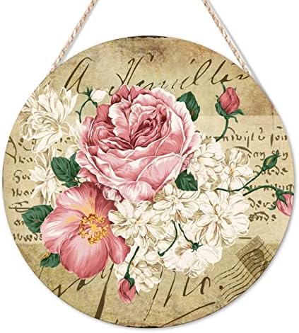 Sign de boas -vindas Vintage French Rose Flor Round Wood Sign Retro Newspaper Music Note