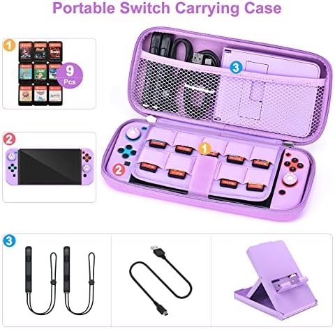 Pacote de acessórios para switch younik, kit de acessórios para interruptor roxo de 15 em 1 para meninas incluem caixa de transporte,