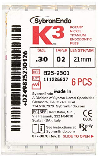 Sybronendo 825-2301 K3 Niti Endo Arquivo, 0,02 mm de cone rosa, tamanho de 30 ponta, cor azul, níquel-titânio, 21 mm de comprimento