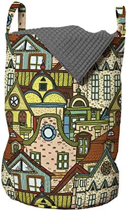 Bolsa de lavanderia retro de Ambesonne, Cidade Velha desenhada à mão em tons coloridos edifícios europeus com a imagem