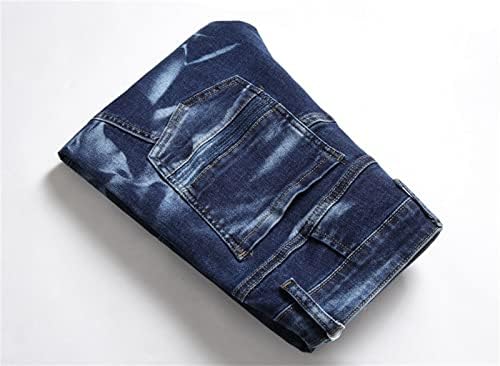 Homens esticados jeans de perna reta de perna angustiada Slim Fit Stretch calça jeans clássica vintage moto jean