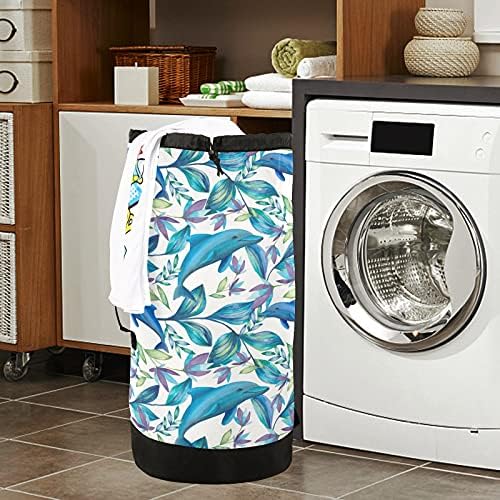 Flores Dolphins Laundry Bolsa de lavanderia pesada Mochila com alças e alças de viagem Bolsa de roupas com tração de tração de tração Organizador de roupas sujas para dormitório da faculdade, apartamento, viagem de acampamento