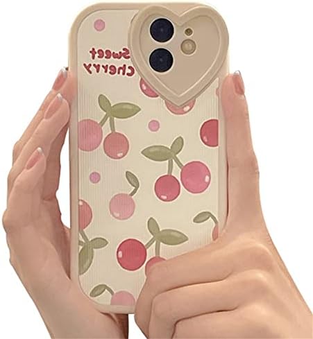 MinScose Compatível com iPhone 11, padrão de cereja de grade quadrada com proteção de lente de amor Heart, estética