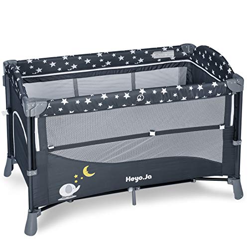 Heyo.ja portátil Baby Playard, 4 em 1 pacote e brincadeira, dorminhoco de cabeceira com berço, mesa de troca, cama de bassinet dobrável com luxuos