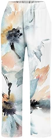 Calças de linho Xinshide para mulheres calças cônicas com estampa floral casual com bolsos Bohemian High Waist Logo Fit Cropped
