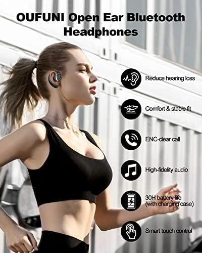 Fones de ouvido de orelha aberta oufuni bluetooth sem fio, fones de ouvido abertos com grande driver dinâmico, fones de ouvido sem fio Bluetooth Headphones, fones de ouvido de condução com gancho de ouvido, som estéreo para corrida, ciclismo, ioga