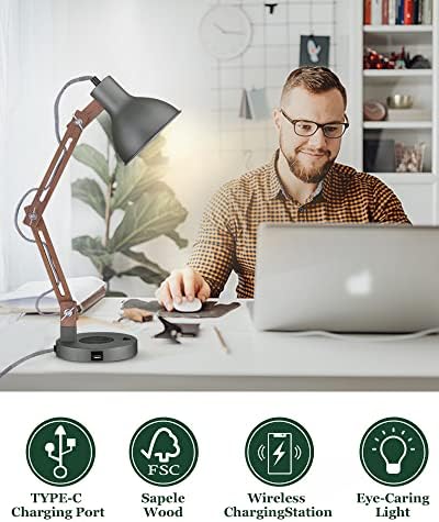 Elyona Solid Wood Lamp Series, lâmpada de mesa de balanço com carregamento sem fio Porta USB e lâmpada de piso de 3 camadas