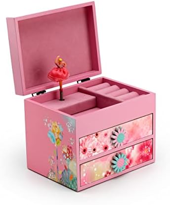 Tema floral de madeira rosa 18 Nota Spinning Ballerina Music Box - Muitas músicas para escolher - Skaters Waltz, o
