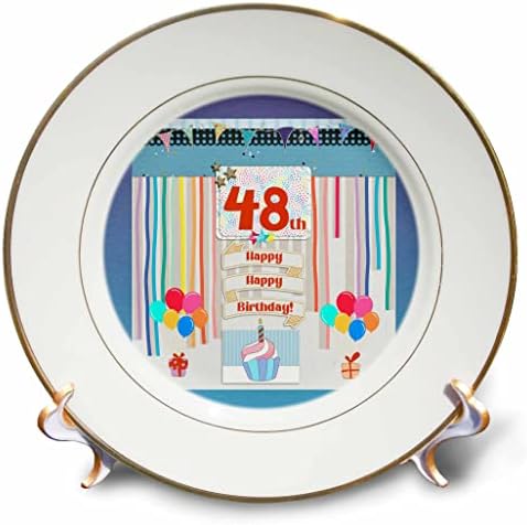 Imagem 3drose de 48ª etiqueta de aniversário, cupcake, vela, balões, presente, streamers - placas