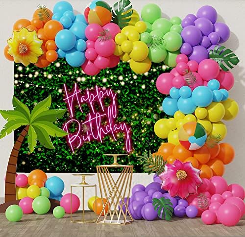 Mocsicka Green Leaves Feliz Aniversário Caso Cenário de Greante Rosa Casais de Aniversário de Neon 30º 40º 50º Decorações de festa de