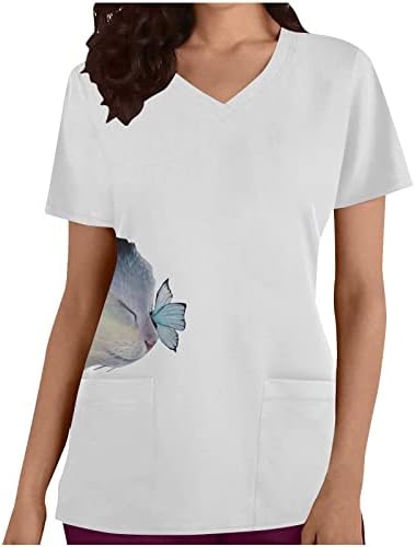 Camisetas para mulheres de manga longa de algodão feminino de manga curta Vosca de pescoço de pescoço Top de bolso Tops T Camisetas camisetas
