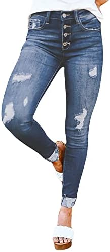 Calça jeans casual apfopard para mulheres encaixadas na cintura alta e lisada buraco de jeans slim calças de legging