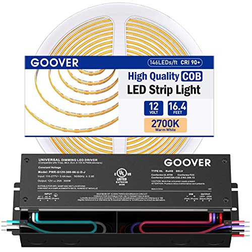 Goover 300W Driver LED reduzível+ luzes de led de led luzes brancas quentes, 2700k DC 12V Fita de alta densidade premium