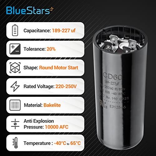 Bluestars Ultra Durável 189-227 UF/MFD 220-250 Vac Volts Round Start Capacitor 50/60 Hz AC Electric - Substituição exata