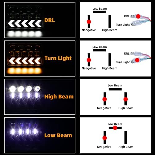 PLDDE 4pcs 4x6 6x4 polegadas LED retangular LED faróis compatíveis com lâmpadas H4 + adaptadores EALED Atualizações de feixe âmbar