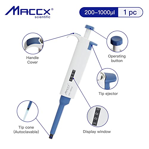 Micropipette MacCX Dicas de pipeta de filtragem, 1 pc de pipeta de canal único, faixa de volume 200-1000μl e 100 pcs de pontas de pipeta