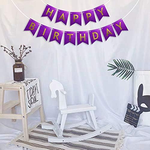 Banner de aniversário de glitter, sinal de feliz aniversário roxo, pré-destruição de letra de ouro espumante Bunting