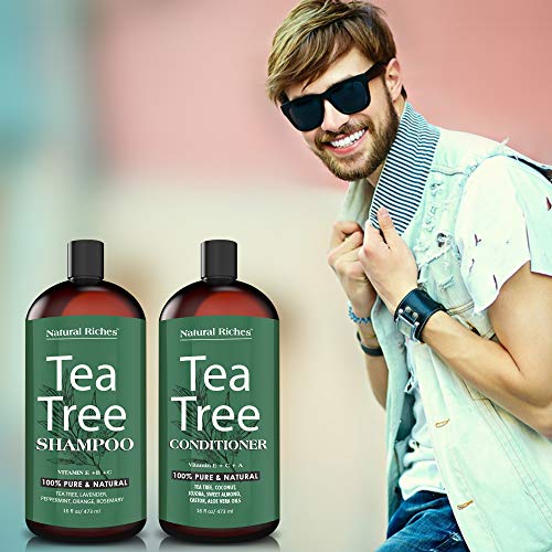 Riquezas naturais shampoo e condicionador de tea árvore com óleo de árvore de chá puro, anti caspa para coceira no couro cabeludo seco, livre de sulfato, sem parabenos - 2 garrafas 16fl oz cada