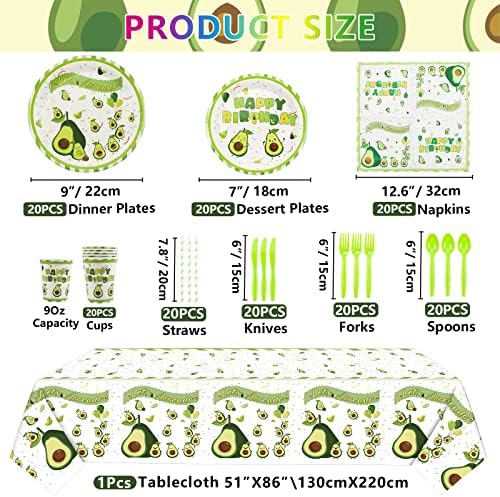 Abastecimento de festas de abacate de frutas, pacote de festas de tabela temática de abacate para meninas, crianças, festa de aniversário de controle de abacate, inclui pratos, xícaras, guardanapos, toalhas de mesa, pano de fundo, balões, serve 20