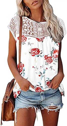 Camisetas de manga de tampa casual feminina T Camisetas de renda Floral Blusa Floral Print Floral Summer Summer Top Fashion Flowy Tee Tops