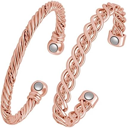 Feraco 2 PCs Pulseiras magnéticas de cobre para mulheres, pulseira de cobre tecida à mão, 99,99% de cobre puro, superfície polida com cor brilhante, pulseira magente de cobre feminina, pulseiras ajustáveis