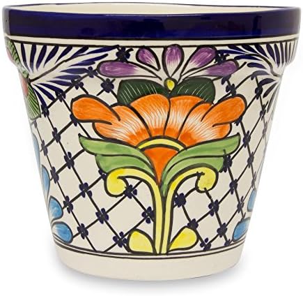 Novica pintada à mão laranja e azul Talavera Cerâmica vaso de flores, flores silvestres '