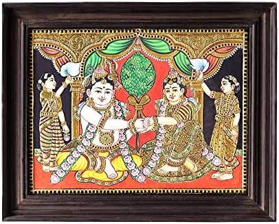 Índia exótica 21 x 17 Lord Krishna e Radha Tanjore Pintura | Cores tradicionais com ouro 24K | Teakwood Fram