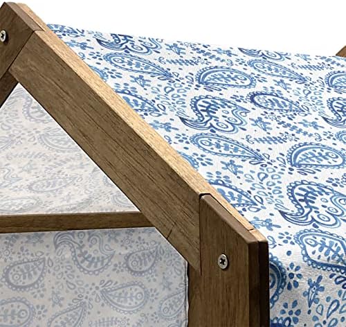 Ambesonne Paisley Wooden Dog House, Design temático Mediterrian com cor de água desenhada à mão e folhas estamadas, canil portátil em ambientes internos e externos com travesseiro e capa, 2x-grande, branco e azul