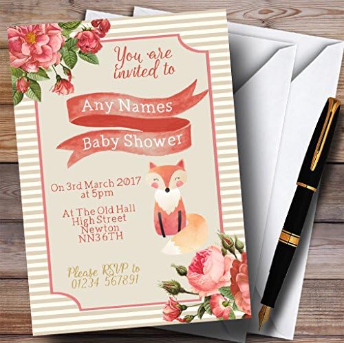 Convites listrados de raposa de ouro rosa floral convites para chá de bebê