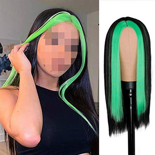 Kizqyn mulheres perucas moda moda longa peruca de cabelo liso e reto destacando cabelos verdes peruchete para meninas