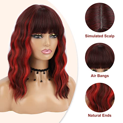 Lunderen curta peruca vermelha com franja curta peruca ondulada vermelha para mulheres sintéticas vermelhas ondula