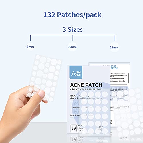 ANAIRUI Acne Spot Patch - adesivo de tampa de mancha com óleo da árvore do chá e ácido salicílico - Dots de cicatores de acne hidrocolóide - Proférico de água, invisível, 3 tamanho 8 mm, 10mm, 12mm - 132 patches