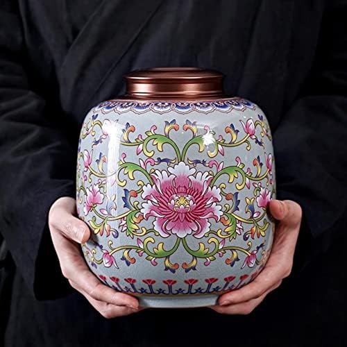 Jarra de gengibre de cerâmica floral, gente de armazenamento de alimentos de porcelana chinesa com tampa de metal hermética, latas