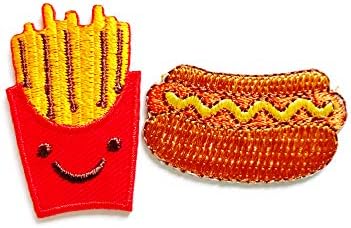 O conjunto de 2 minúsculos. Mini batatas fritas para cachorro quente fast food desenho de desenho animado costurar ferro em