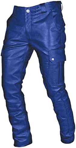 Calças de couro falso para homens casuais fit slim fit vintage hip hop motocycle punk calças multi -bolsos elásticos
