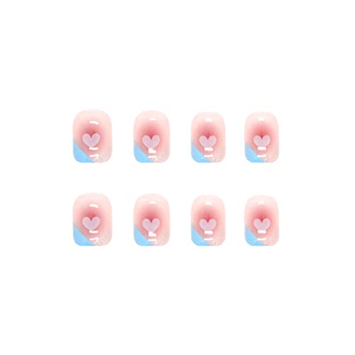 Qingge rosa presa unhas unhas quadradas de comprimento curto unhas falsas com tira azul de coração design de brilho prateado